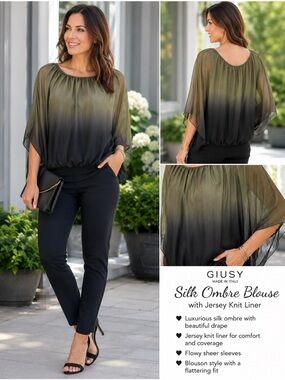 Giusy Made in Italy Silk Olive to Black Ombre Blouse Sheer Overlay Jersey Lined